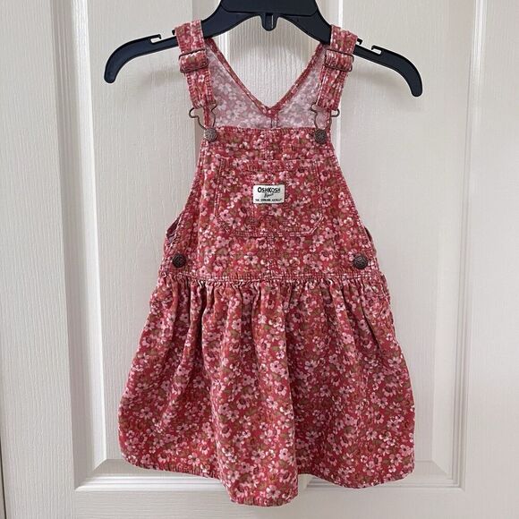 Oshkosh B'gosh Pink Floral Corduroy Overall Dress Jumper Girls Size 4T - Picture 1 of 11